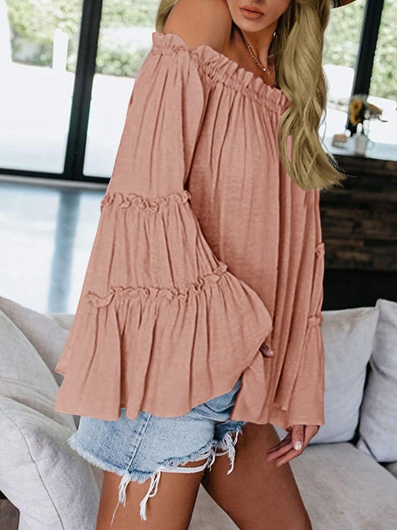 Farktop Womens Off The Shoulder Long Bell Sleeve Tops Flared Casual Loose Blouse (Pink Orange, XX-Large) - Image 2